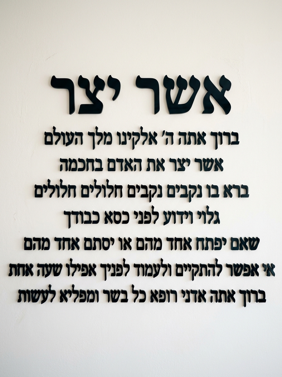ברכת אשר יצר – אותיות מרחפות תלת־מימד לקיר – אותיות מרחפות תלת־מימד מאקריליק לקיר