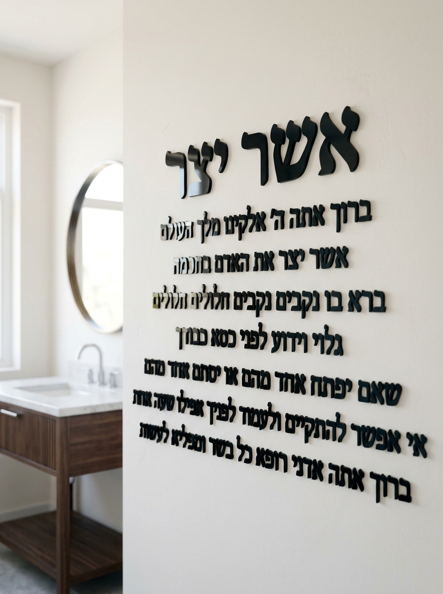 ברכת אשר יצר – אותיות מרחפות תלת־מימד לקיר – המחשה בחלל מעוצב