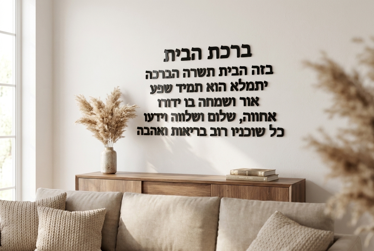 ברכת הבית – אותיות מרחפות תלת־מימד לקיר – המחשה בחלל מעוצב