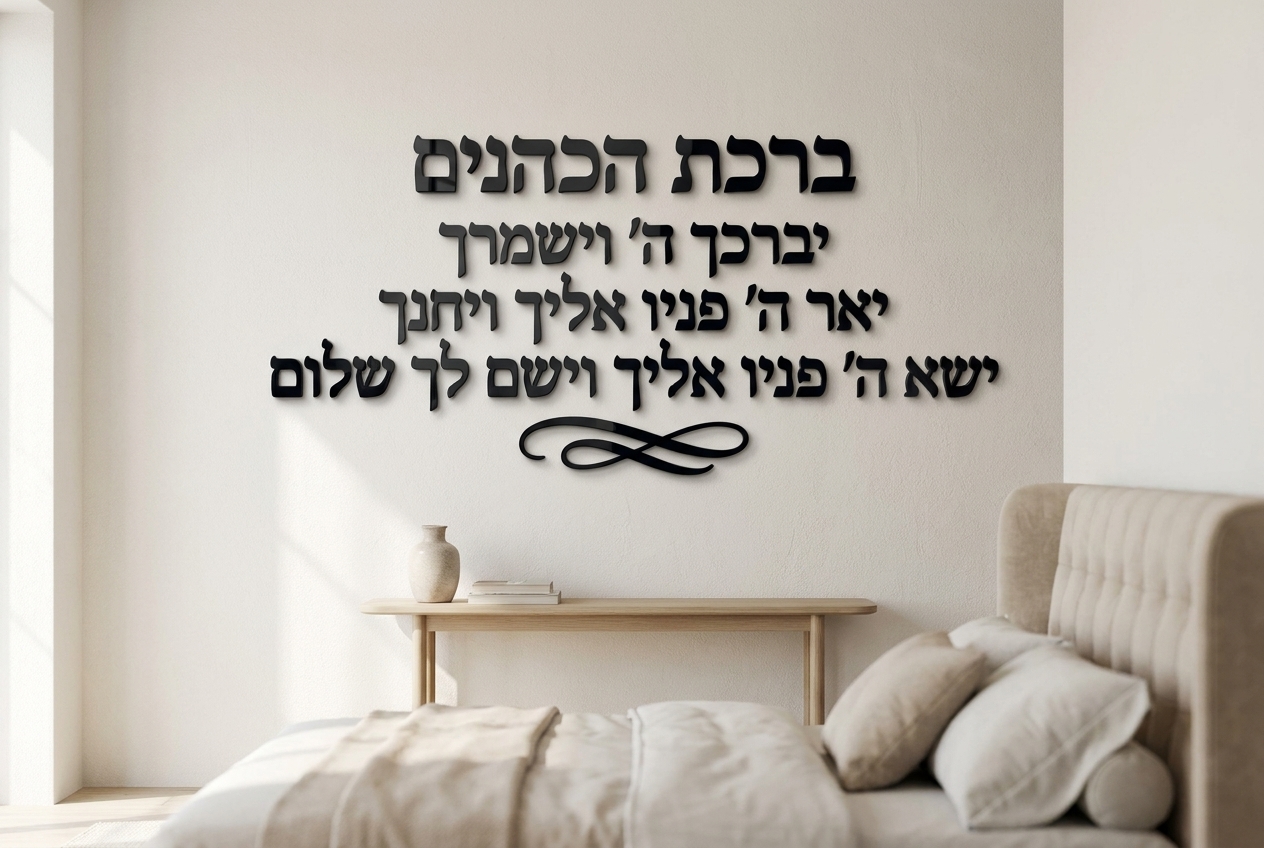 ברכת הכהנים – אותיות מרחפות תלת־מימד לקיר – המחשה בחלל מעוצב