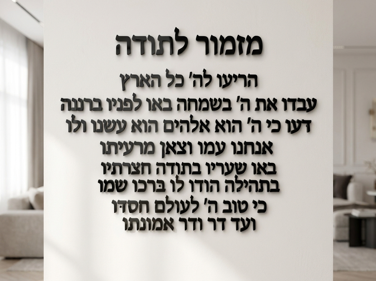 מזמור לתודה – אותיות מרחפות תלת־מימד לקיר – אותיות מרחפות תלת־מימד מאקריליק לקיר
