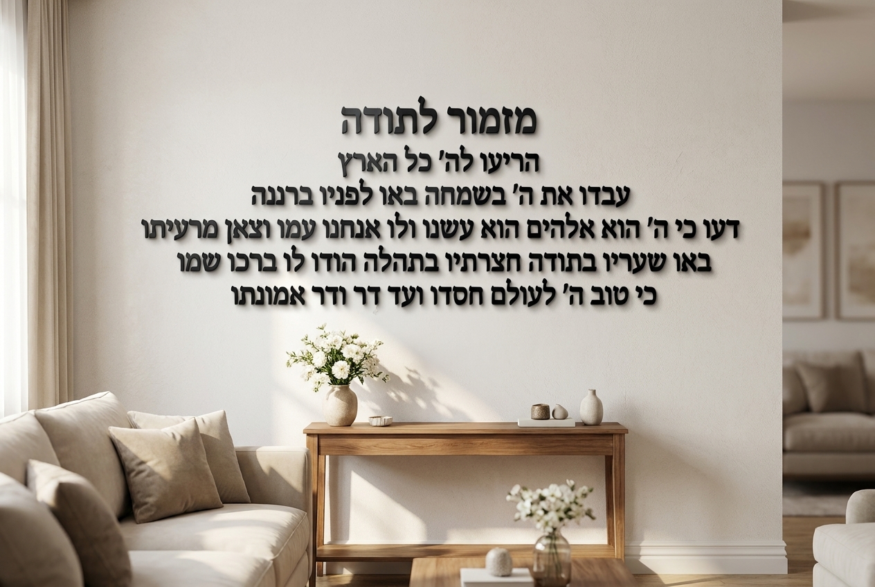 מזמור לתודה – אותיות מרחפות תלת־מימד לקיר – המחשה בחלל מעוצב