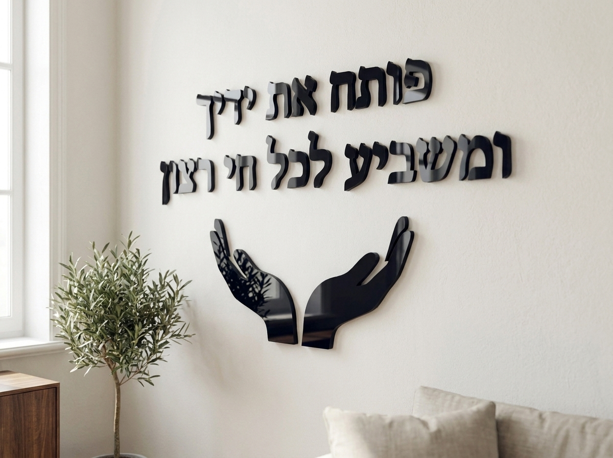 פותח את ידיך – אותיות מרחפות תלת־מימד לקיר – המחשה בחלל מעוצב
