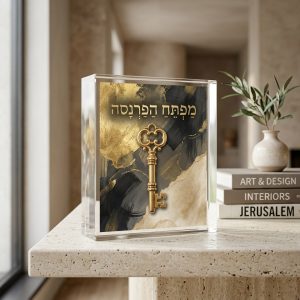 בלוק אקריליק מפתח הפרנסה בעיצוב דקודשא, מפתח זהב על רקע שחור וזהב עם ברכת הפרנסה