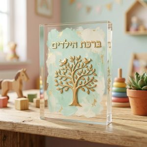 בלוק אקריליק ברכת הילדים בעיצוב דקודשא, עץ החיים וציפורים זהב על רקע מנטה