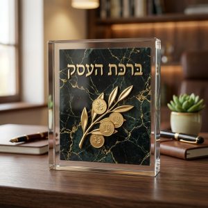 בלוק אקריליק ברכת העסק בעיצוב דקודשא, ענף זית ומטבעות זהב על רקע שיש ירוק