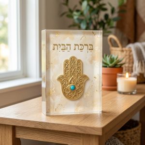 בלוק אקריליק ברכת הבית בעיצוב דקודשא, חמסת זהב על רקע קרם עם ברכת הבית