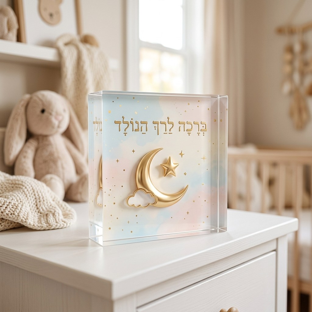 בלוק אקריליק ברכה לרך הנולד בעיצוב דקודשא, ירח וכוכב זהב על רקע פסטל