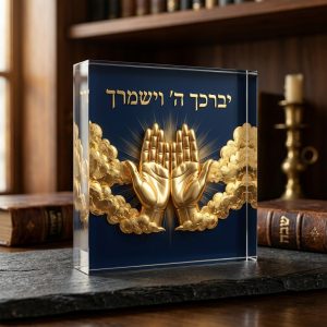 בלוק אקריליק ברכת כהנים בעיצוב דקודשא, ידי כהנים זהב על רקע נייבי