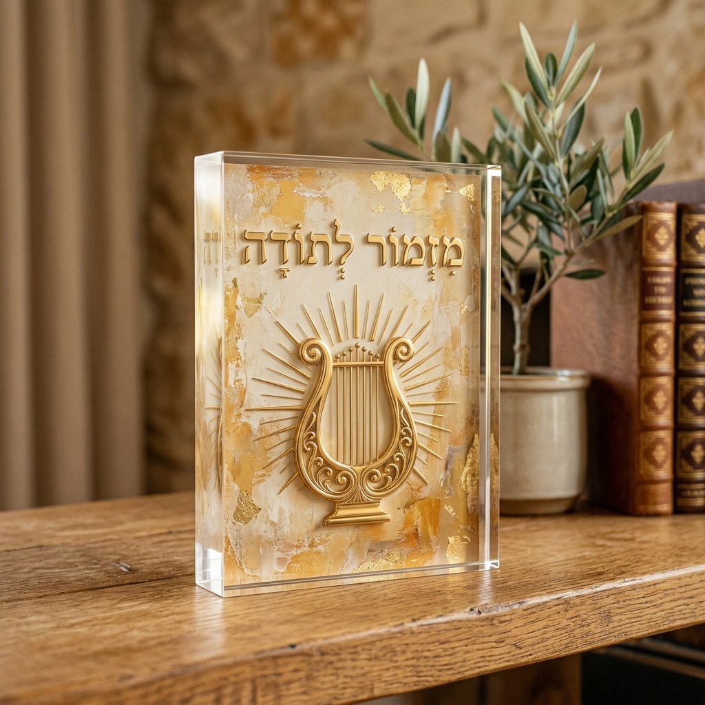 בלוק אקריליק מזמור לתודה בעיצוב דקודשא, נבל זהב וקרני אור על רקע קרם וזהב