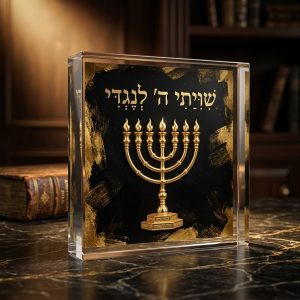 בלוק אקריליק שיוויתי בעיצוב דקודשא, מנורת זהב על רקע שחור וזהב