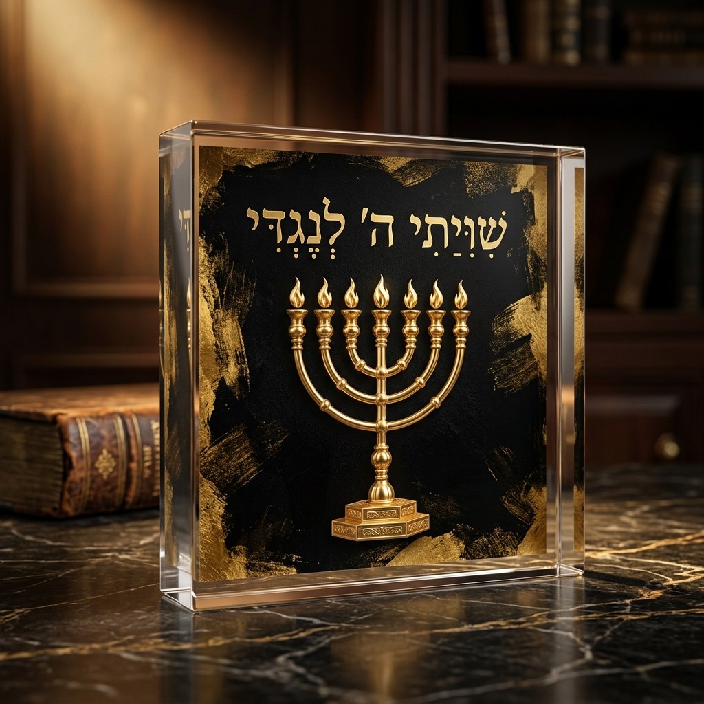בלוק אקריליק שיוויתי בעיצוב דקודשא, מנורת זהב על רקע שחור וזהב
