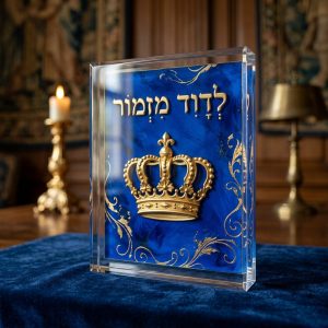 בלוק אקריליק לדוד מזמור בעיצוב דקודשא, כתר זהב על רקע כחול רויאל